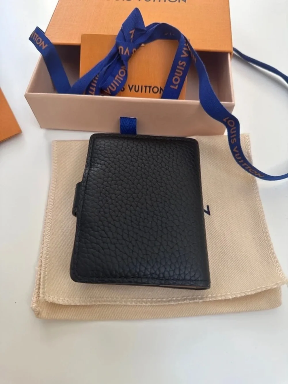 Louis Vuitton Black Pebbled Leather Card Holder with Gold LV Clasp